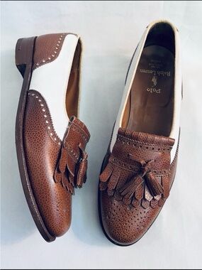 Vintage POLO RALPH LAUREN Bench Made In England Fringe Tassle Two Tone Oxfords